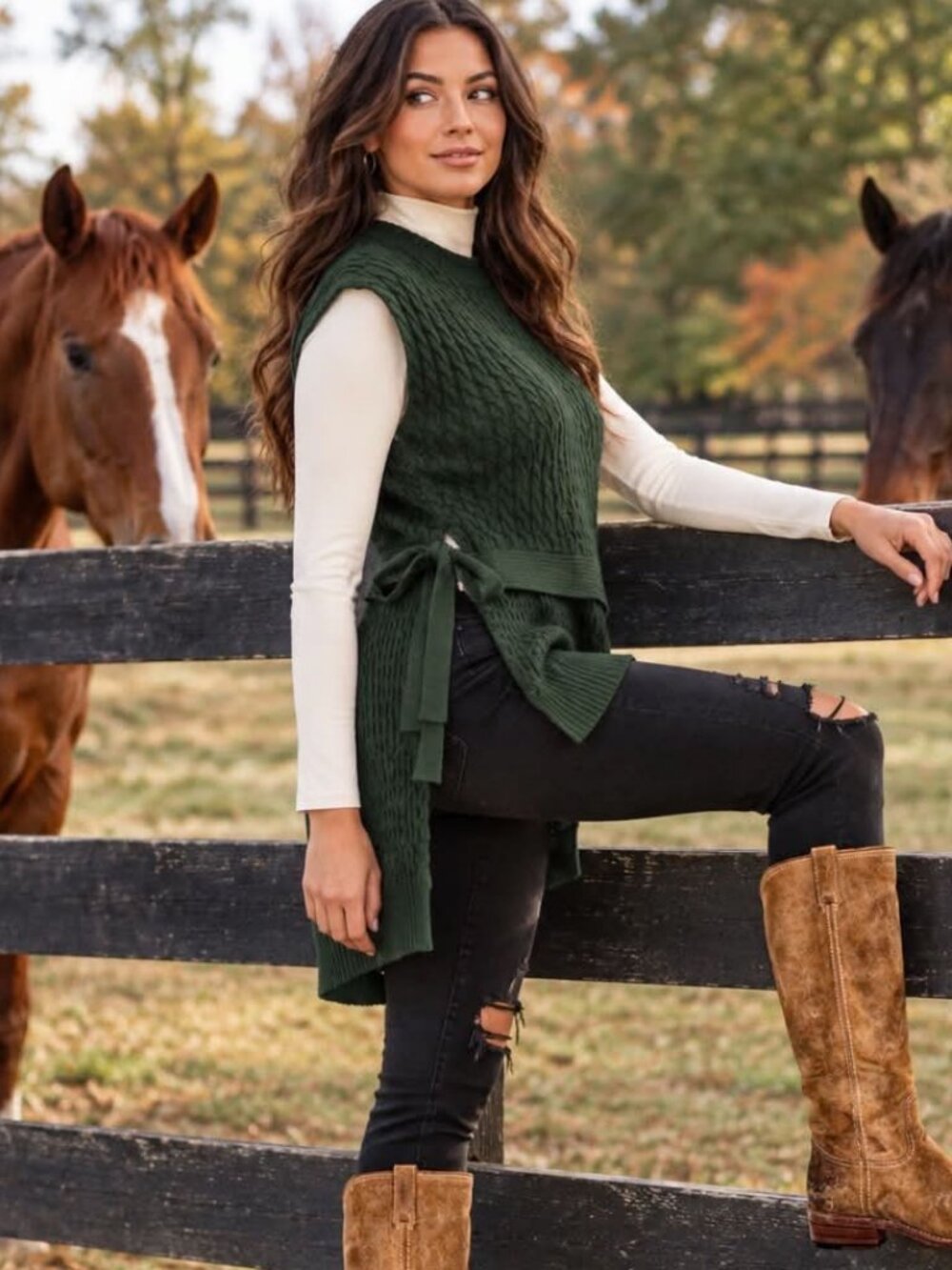 W BY WORTH High Low Tabard Tie-Sides Cable Sweater Bottle Green L MSRP $300 NWT